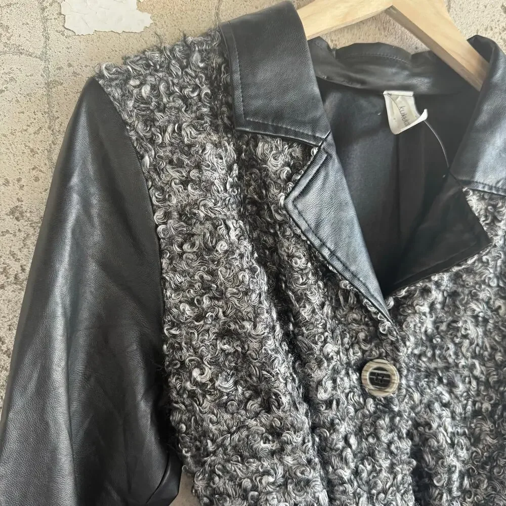 Vtg 90s Belted Coat‎ Long Faux Leather Sleeves Boucle Knit Jacket Womens M USA - Picture 6 of 11